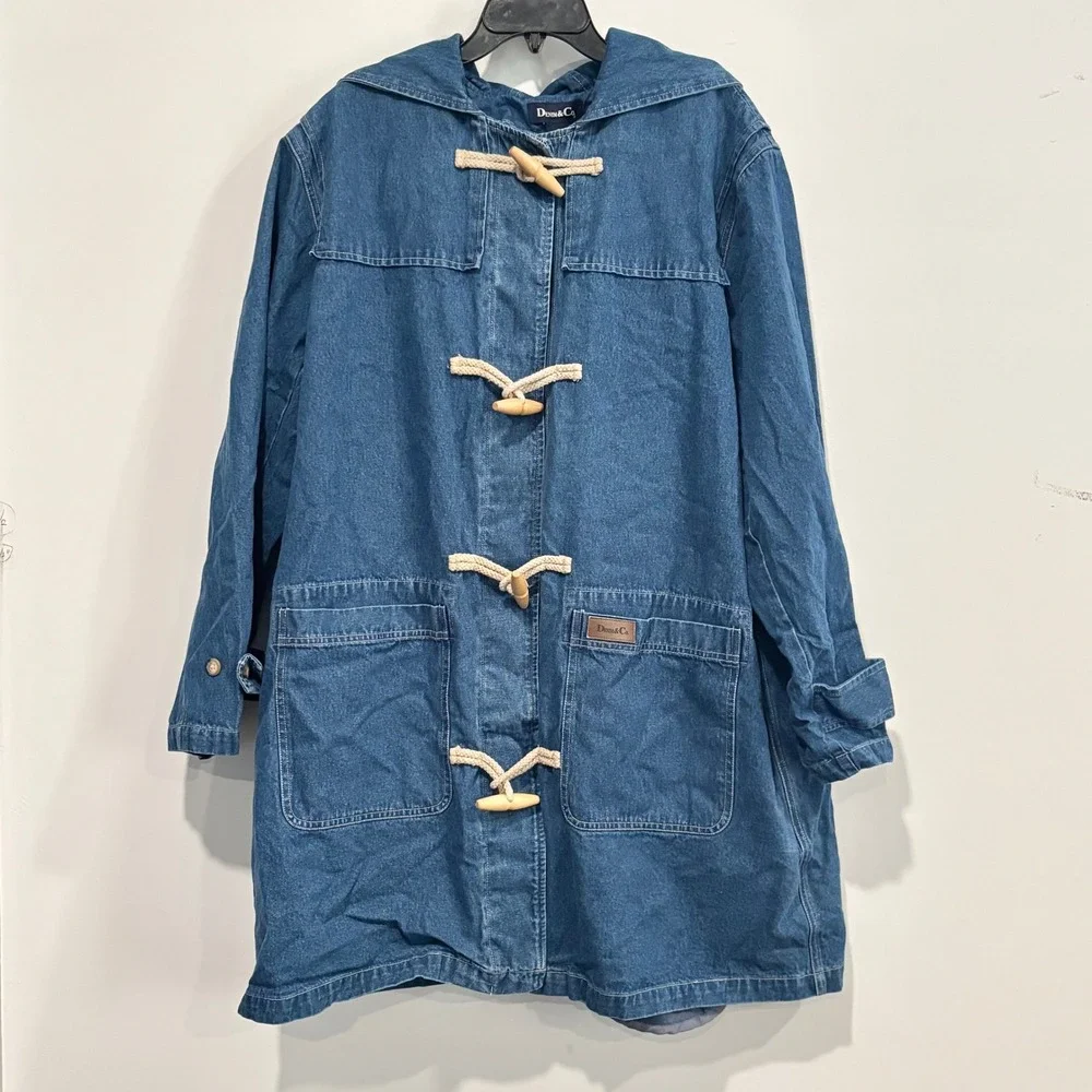Vtg Denim Co Womens Duffle Chore Coat 2X Hooded Toggle Barn Fleece Lined 21230